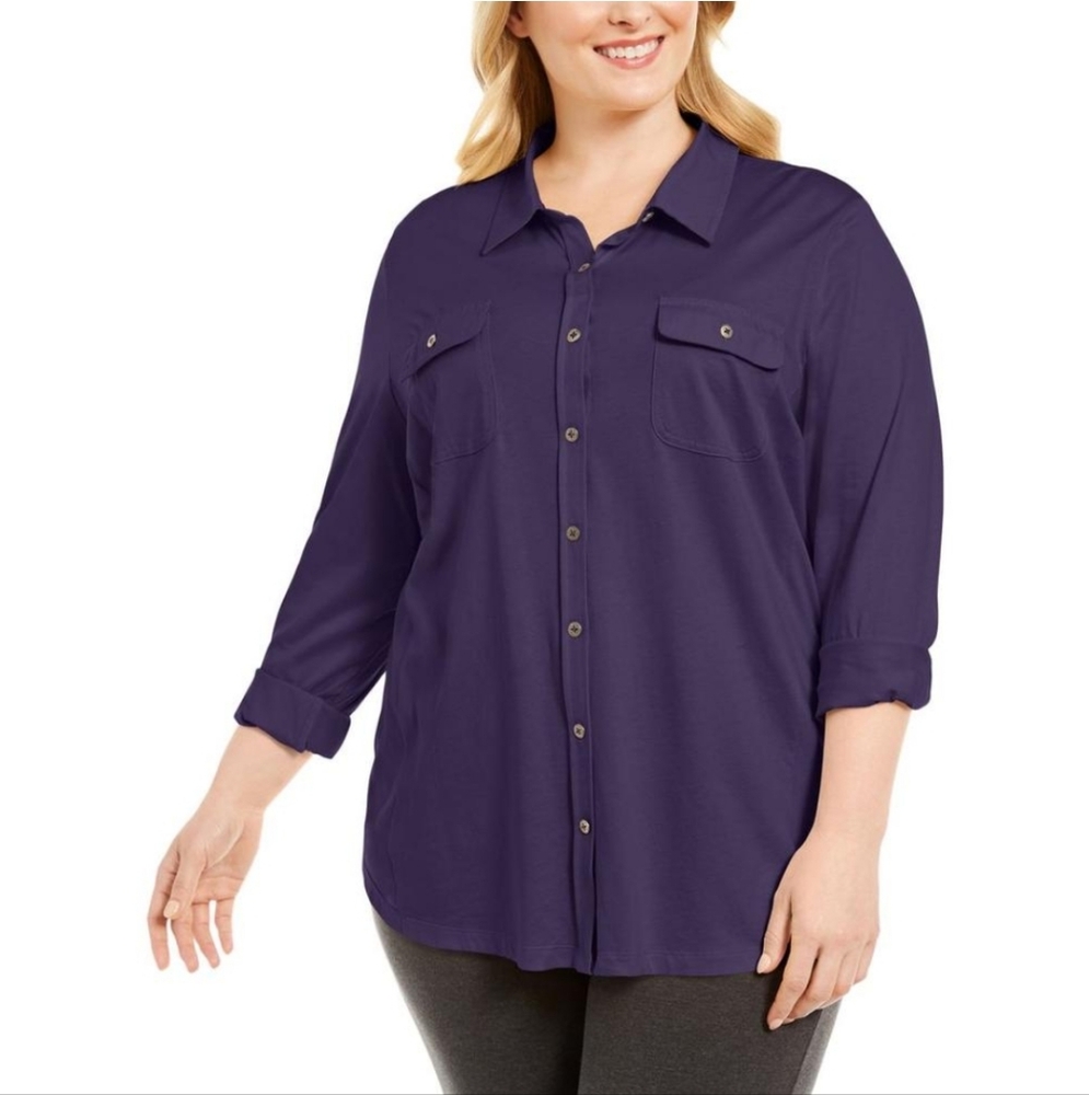 Karen Scott Women's Deep Purple Button-Down Shirt Medium Normcore Casual
